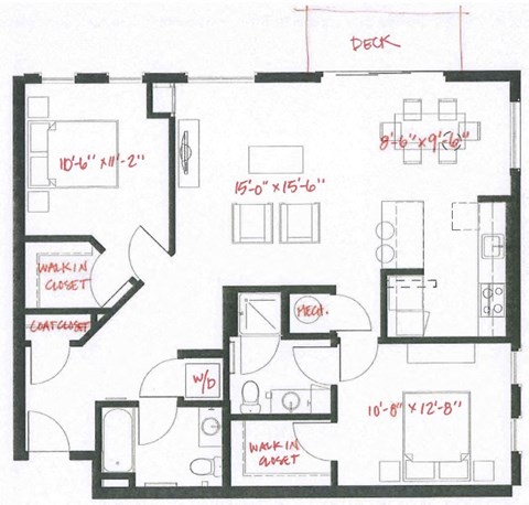 Floor plan for 2 beds, 2 baths, 1118 sqft