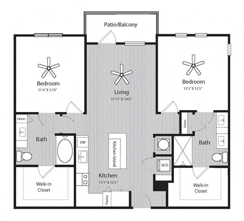 Floor plan for 2 beds, 2 baths, 1059 sqft