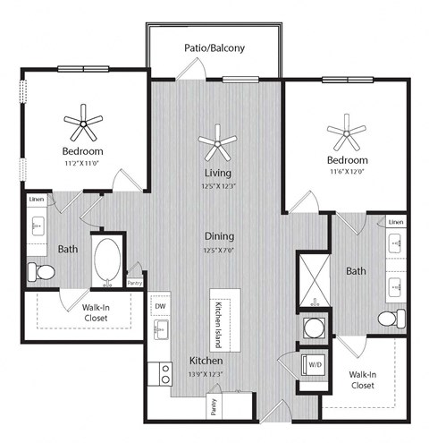 Floor plan for 2 beds, 2 baths, 1128 sqft