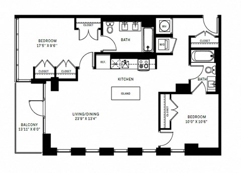 Floor plan for 2 beds, 2 baths, 1048 sqft