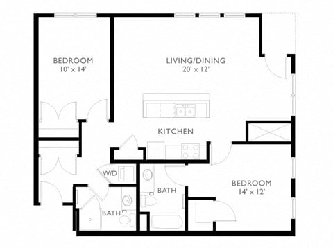 Floor plan for 2 beds, 2 baths, 1135 sqft