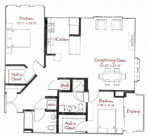 Floor plan for 2 beds, 2 baths, 1152 sqft