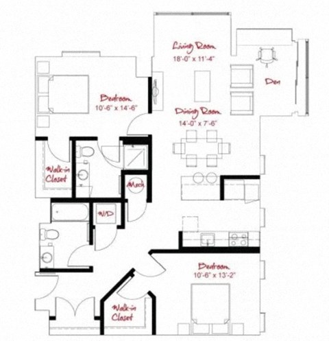 Floor plan for 2 beds, 2 baths, 1144 sqft