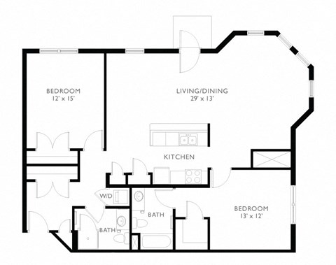 Floor plan for 2 beds, 2 baths, 1295 sqft