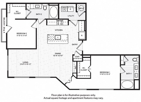 Floor plan for 2 beds, 2 baths, 1293 sqft