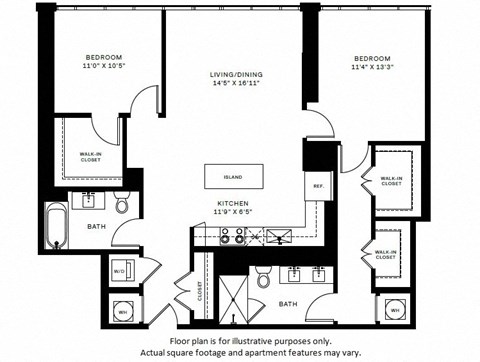 Floor plan for 2 beds, 2 baths, 1233 sqft