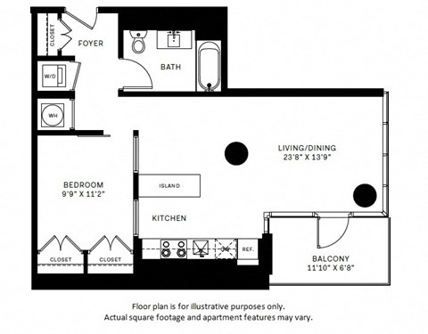Floor plan for 1 bed, 1 bath, 691 sqft