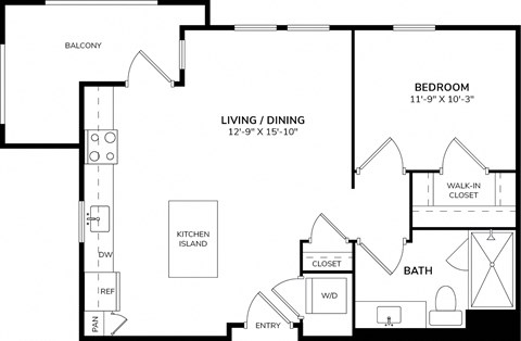 Floor plan for 1 bed, 1 bath, 702 sqft