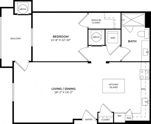 Floor plan for 1 bed, 1 bath, 863 sqft