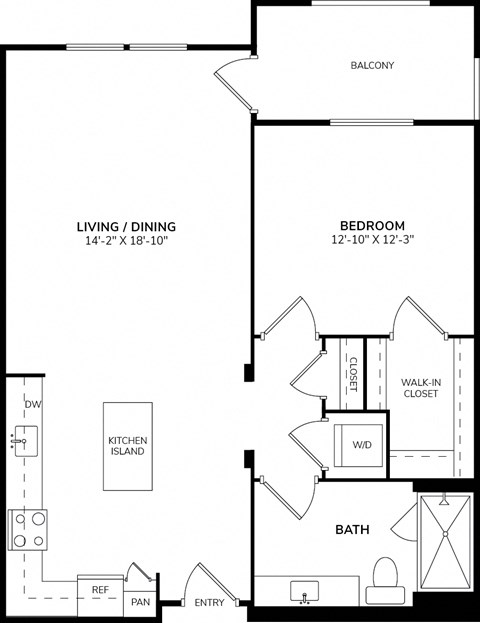 Floor plan for 1 bed, 1 bath, 887 sqft