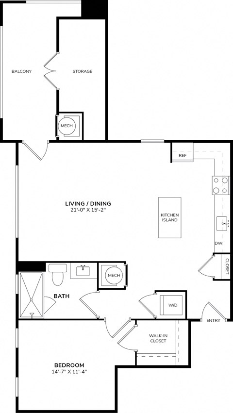 Floor plan for 1 bed, 1 bath, 806 sqft