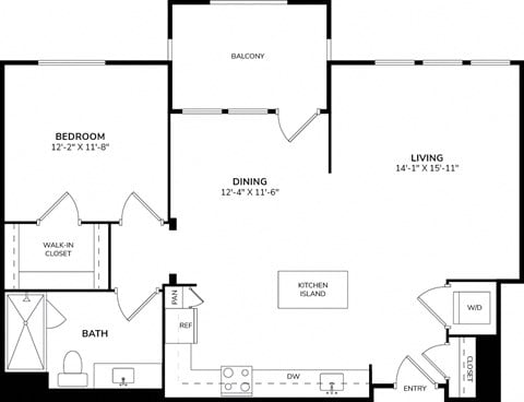Floor plan for 1 bed, 1 bath, 972 sqft