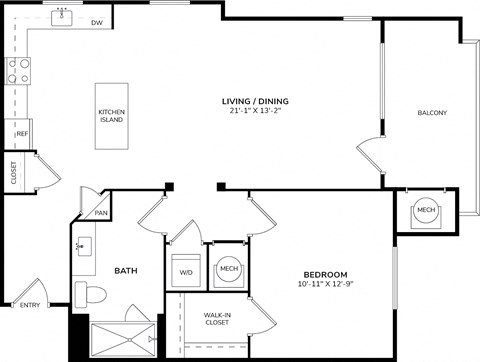Floor plan for 1 bed, 1 bath, 798 sqft