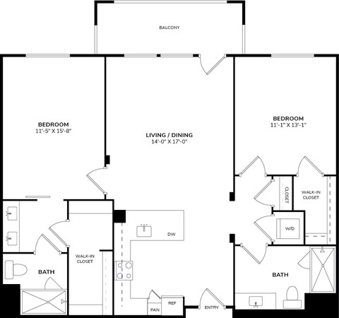 Floor plan for 2 beds, 2 baths, 1111 sqft