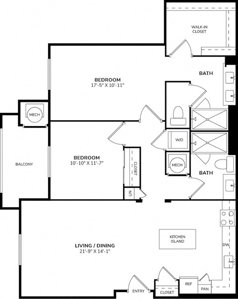 Floor plan for 2 beds, 2 baths, 1284 sqft