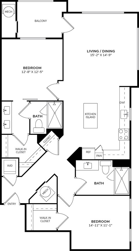 Floor plan for 2 beds, 2 baths, 1253 sqft
