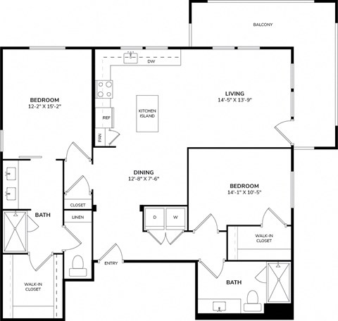 Floor plan for 2 beds, 2 baths, 1391 sqft