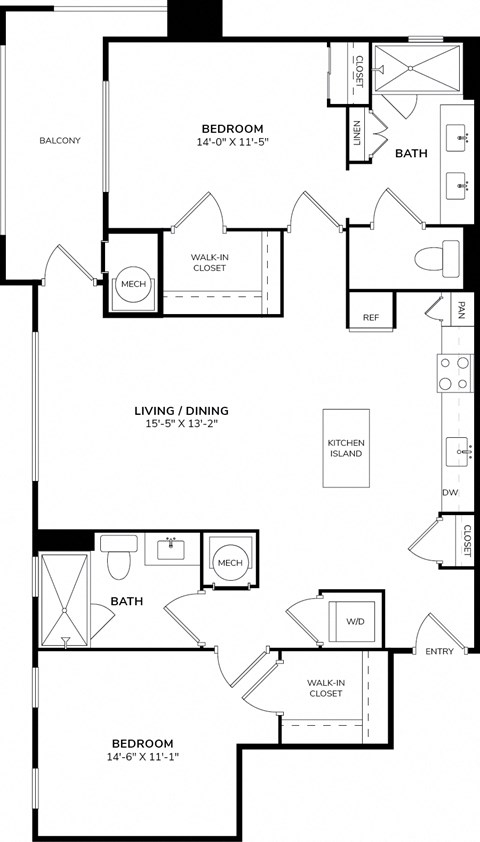 Floor plan for 2 beds, 2 baths, 1199 sqft