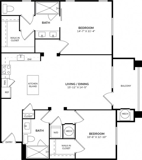 Floor plan for 2 beds, 2 baths, 1324 sqft