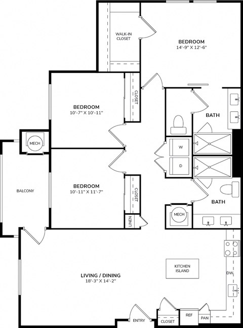 Floor plan for 3 beds, 2 baths, 1428 sqft