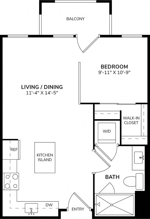 Floor plan for studio, 1 bath, 588 sqft