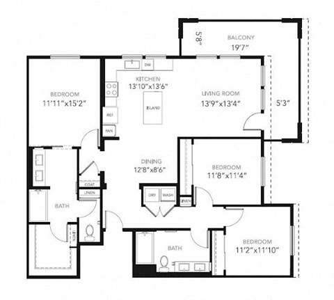 Floor plan for 3 beds, 2 baths, 1523 sqft