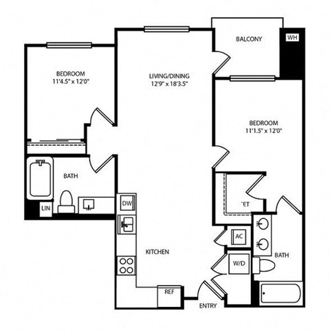 Floor plan for 2 beds, 2 baths, 1040 sqft