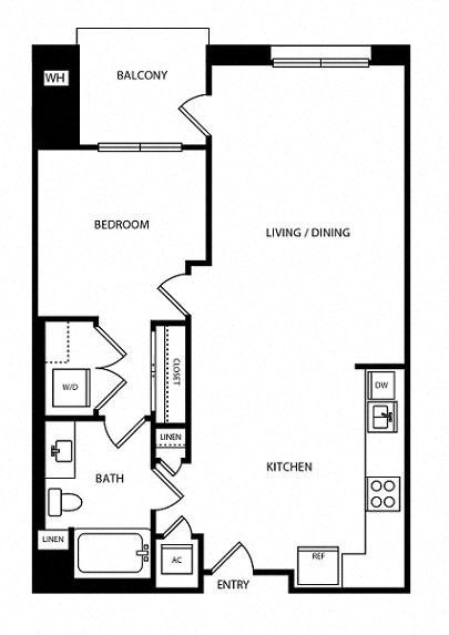 Floor plan for 1 bed, 1 bath, 799 sqft