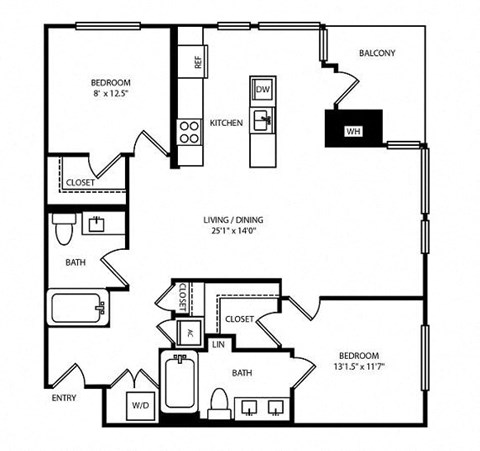 Floor plan for 2 beds, 2 baths, 1158 sqft