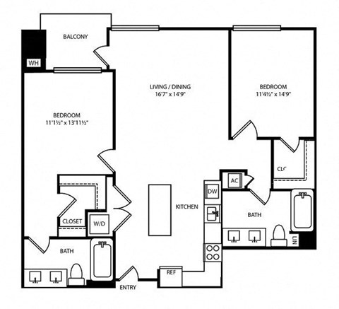 Floor plan for 2 beds, 2 baths, 1240 sqft