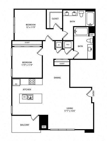 Floor plan for 2 beds, 2 baths, 1217 sqft
