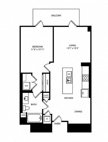 Floor plan for 1 bed, 1 bath, 825 sqft