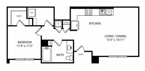 Floor plan for 1 bed, 1 bath, 743 sqft