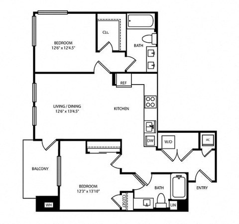 Floor plan for 2 beds, 2 baths, 1070 sqft