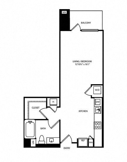 Floor plan for studio, 1 bath, 615 sqft