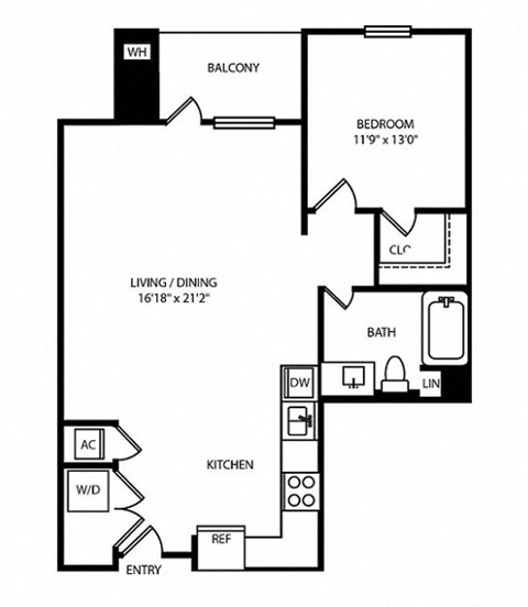 Floor plan for 1 bed, 1 bath, 881 sqft