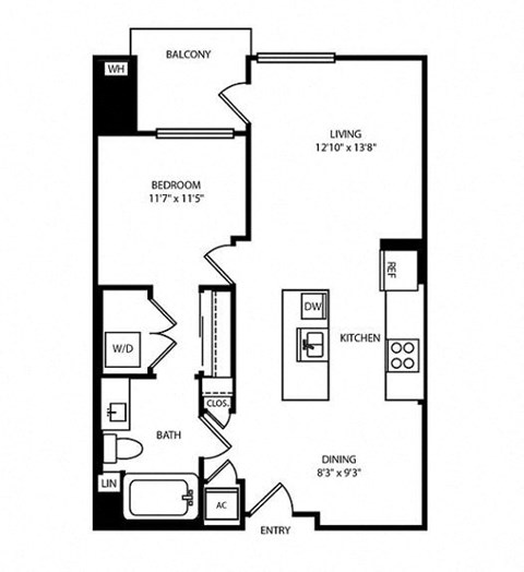 Floor plan for 1 bed, 1 bath, 788 sqft