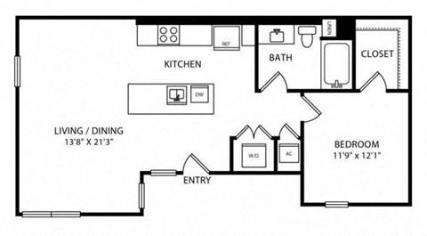 Floor plan for 1 bed, 1 bath, 813 sqft