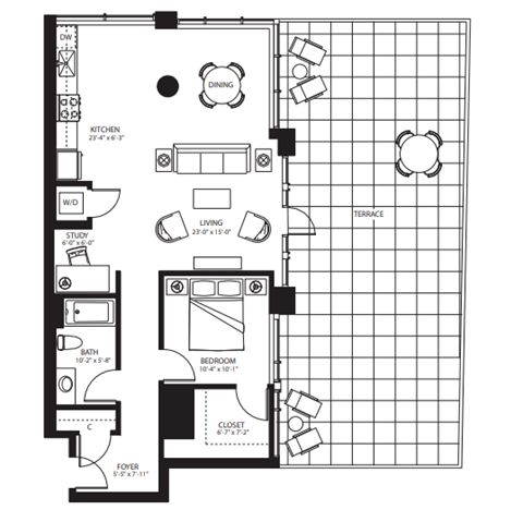 Floor plan for 1 bed, 1 bath, 960 sqft
