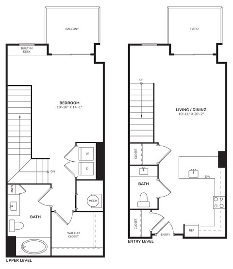 Floor plan for 1 bed, 1.5 baths, 977 sqft