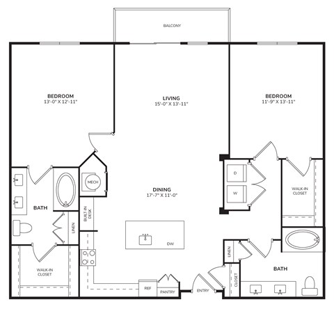 Floor plan for 2 beds, 2 baths, 1278 sqft