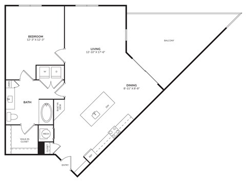 Floor plan for 1 bed, 1 bath, 908 sqft