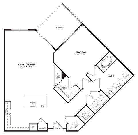 Floor plan for 1 bed, 1 bath, 824 sqft