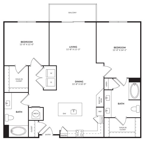 Floor plan for 2 beds, 2 baths, 1047 sqft