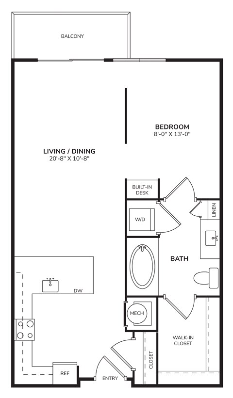 Floor plan for studio, 1 bath, 655 sqft