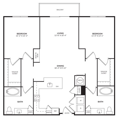 Floor plan for 2 beds, 2 baths, 1151 sqft