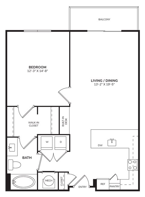 Floor plan for 1 bed, 1 bath, 847 sqft
