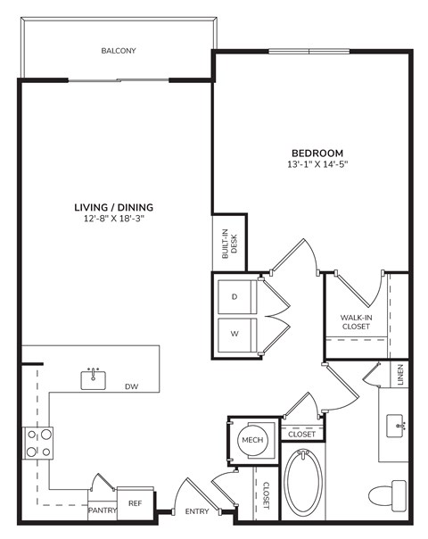 Floor plan for 1 bed, 1 bath, 826 sqft
