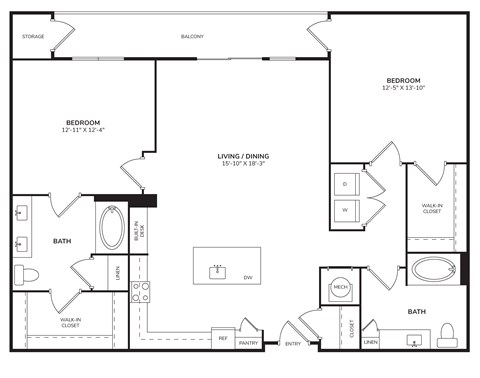 Floor plan for 2 beds, 2 baths, 1246 sqft