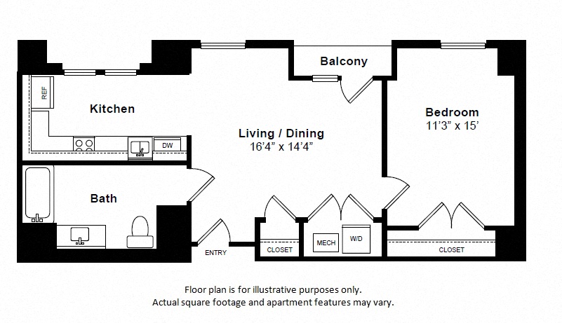 Floor plan for 1 bed, 1 bath, 685 sqft